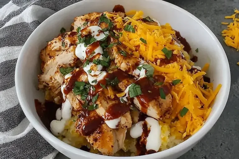 Macro Friendly BBQ Ranch Chicken Bowl topped with cheddar, BBQ sauce, and ranch drizzle in a white bowl.