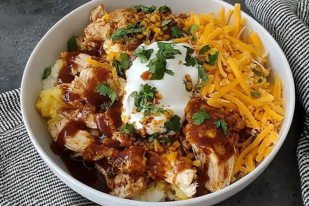 Macro Friendly BBQ Ranch Chicken Bowl with juicy chicken, shredded cheddar, ranch, BBQ sauce, and fresh herbs in a white bowl.