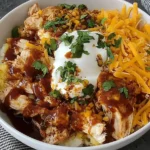 Macro Friendly BBQ Ranch Chicken Bowl with juicy chicken, shredded cheddar, ranch, BBQ sauce, and fresh herbs in a white bowl.