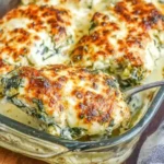 Spinach Artichoke Chicken Bake with golden-brown mozzarella topping being served from a glass baking dish.
