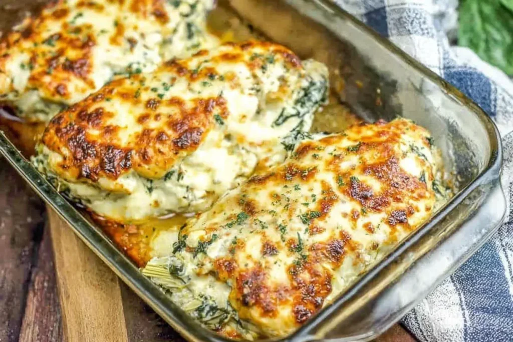 Spinach Artichoke Chicken Bake topped with golden, bubbly mozzarella cheese in a glass baking dish.
