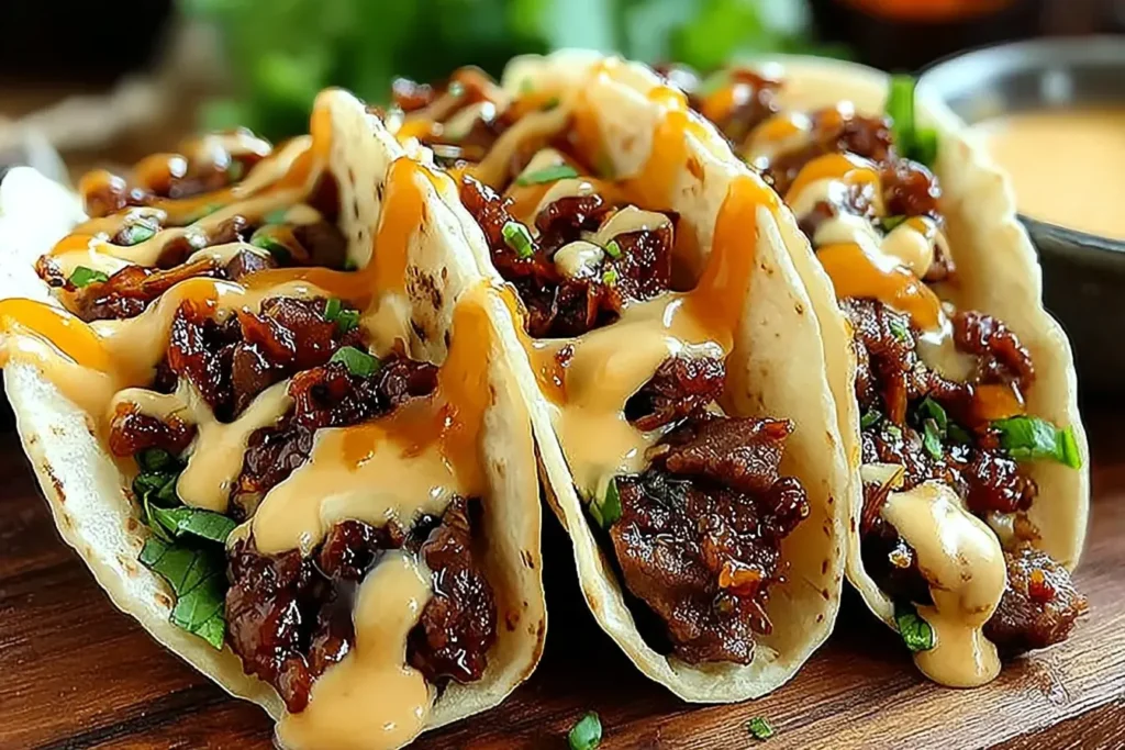 Close-up of Garlic Butter Honey BBQ Beef Tacos topped with creamy sauce and fresh herbs on soft tortillas.