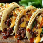 Garlic Butter Honey BBQ Beef Tacos filled with smoky beef, fresh herbs, and creamy sauce on soft tortillas.