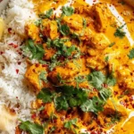 A bowl of Creamy Butternut Squash Butter Chicken served with fluffy basmati rice, warm naan bread, and garnished with fresh cilantro and chili flakes.