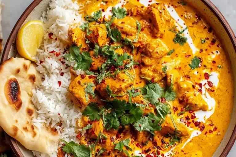 A bowl of Creamy Butternut Squash Butter Chicken served with fluffy basmati rice, warm naan bread, and garnished with fresh cilantro and chili flakes.