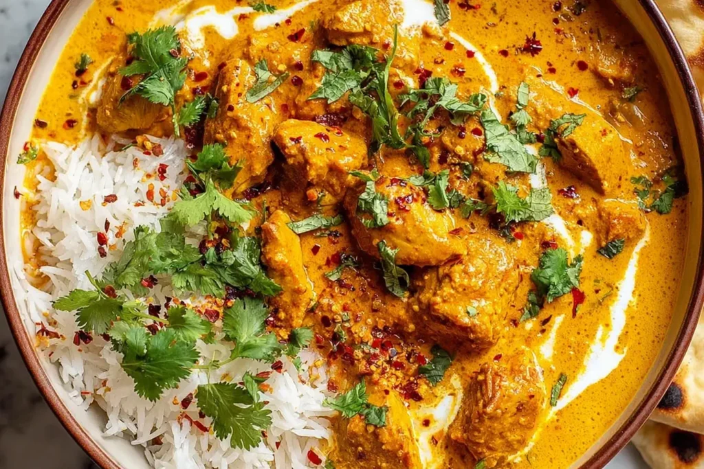 Close-up of Creamy Butternut Squash Butter Chicken served with basmati rice, fresh cilantro, and a swirl of coconut cream.