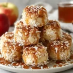 Cinnamon Apple Cottage Cheese Bites with coconut and caramel drizzle on a plate.
