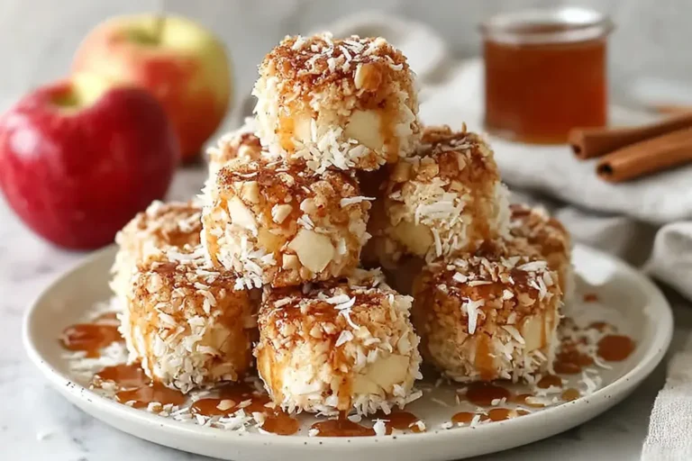 Cinnamon Apple Cottage Cheese Bites with coconut and caramel drizzle on a plate.