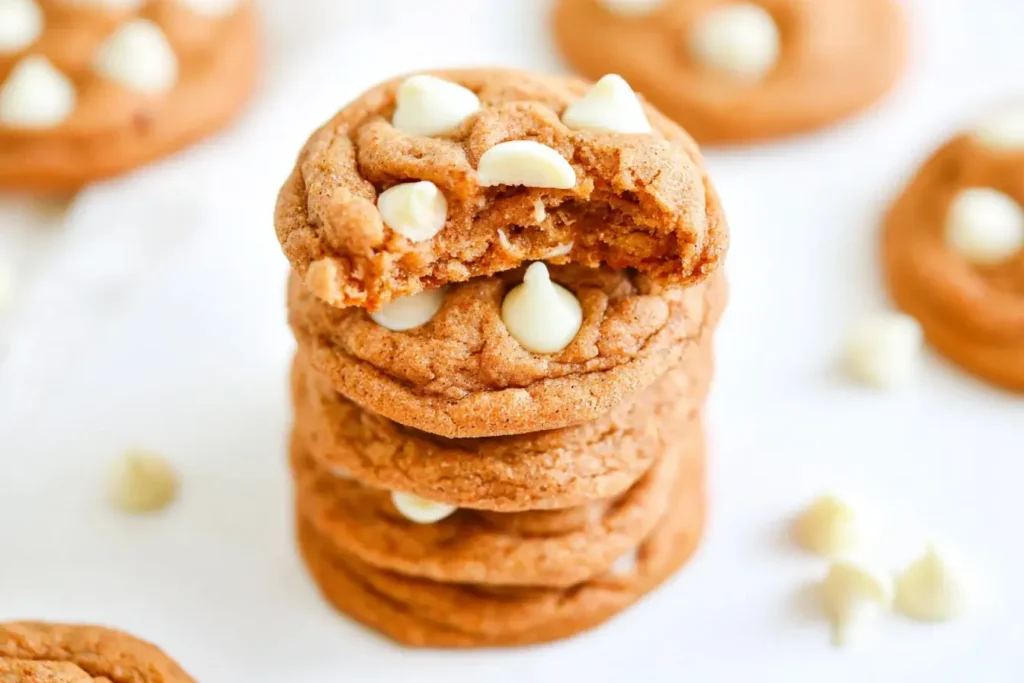 A batch of warm, spiced cookies with pumpkin puree and white chocolate chips—perfect for cozy fall baking.
