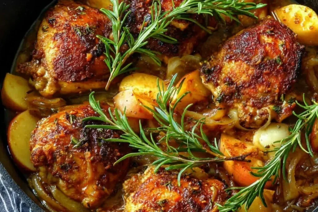 Close-up of Rosemary Apple Cider Chicken with crispy chicken thighs, rosemary sprigs, apples, and caramelized onions.