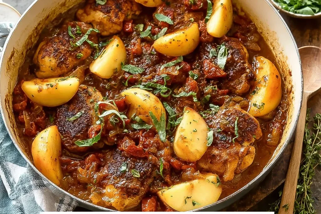 Honey Butter Peach Chicken with tender chicken thighs, juicy peaches, and a flavorful sauce, garnished with fresh herbs.