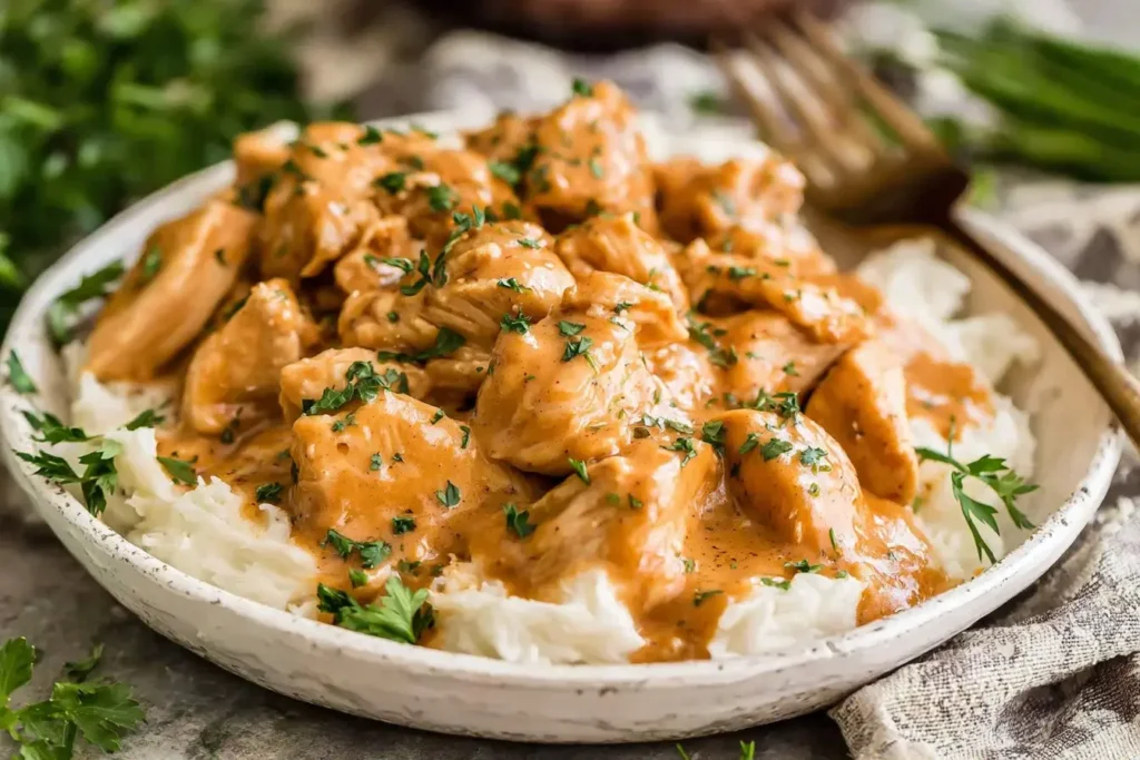 Slow Cooker Honey Mustard Chicken served over fluffy mashed potatoes and garnished with fresh parsley