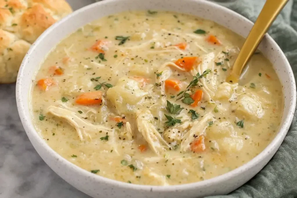 Creamy Chicken Pot Pie Soup with tender chicken, carrots, and potatoes in a white bowl