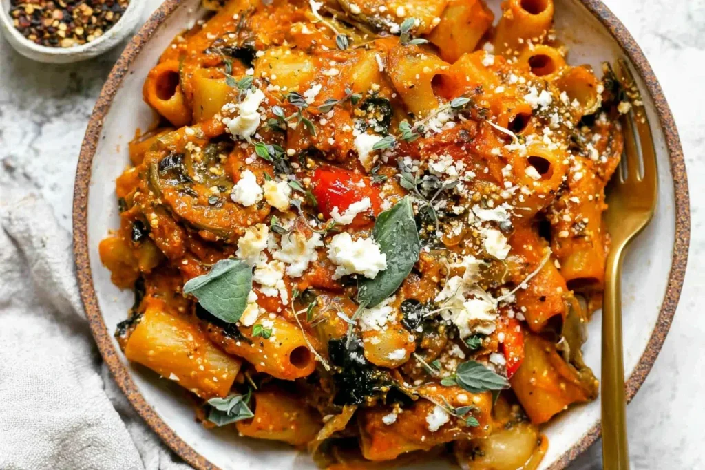Close-up of creamy Pasta Bake with Pumpkin Tomato Sauce served in a rustic bowl with herbs and cheese.