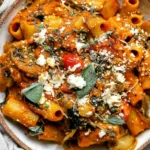 Close-up of creamy Pasta Bake with Pumpkin Tomato Sauce served in a rustic bowl with herbs and cheese.