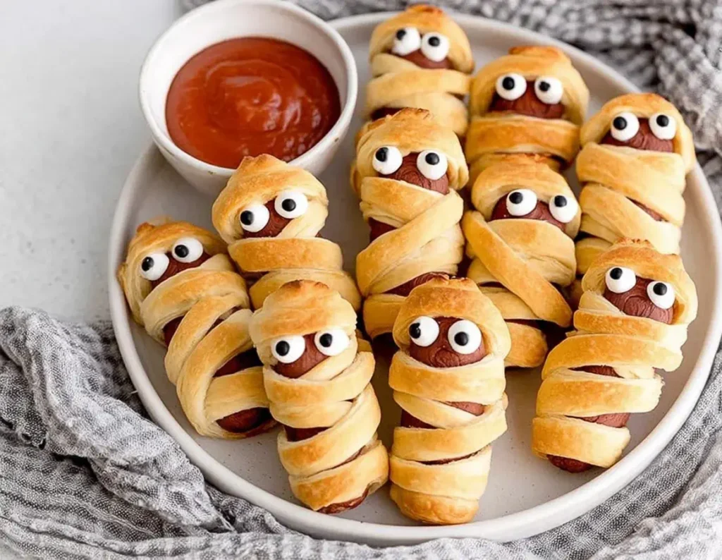 Plate of Mummy Pigs in a Blanket with candy eyes served with ketchup dipping sauce, a fun Halloween party snack.