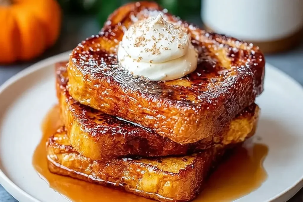 Pumpkin French Toast Breakfast topped with whipped cream and syrup on a white plate.