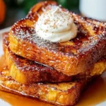 Pumpkin French Toast Breakfast topped with whipped cream and syrup on a white plate.