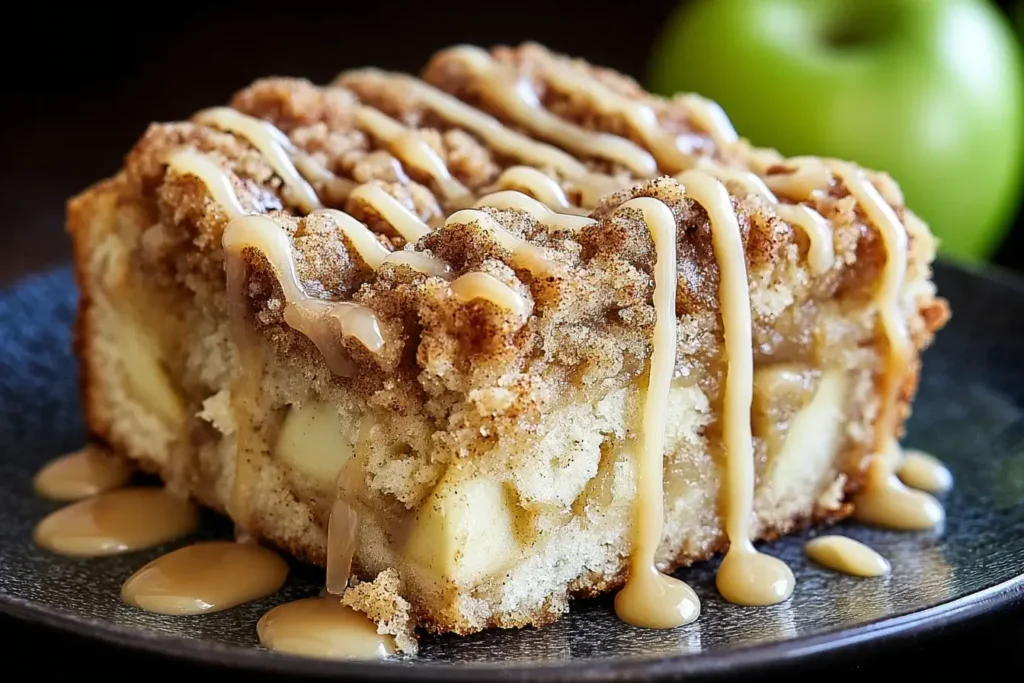 Close-up of Apple Crumb Cake with Cinnamon Apple Drizzle showcasing soft apple chunks, crumb topping, and warm cinnamon glaze.