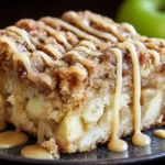 Close-up of Apple Crumb Cake with Cinnamon Apple Drizzle showcasing soft apple chunks, crumb topping, and warm cinnamon glaze.