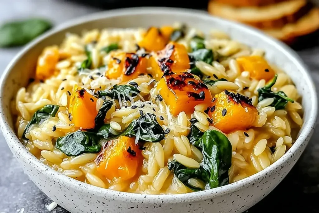 Creamy Orzo with Roasted Butternut Squash and Spinach topped with grated Parmesan cheese.