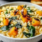 Creamy Orzo with Roasted Butternut Squash and Spinach topped with grated Parmesan cheese.