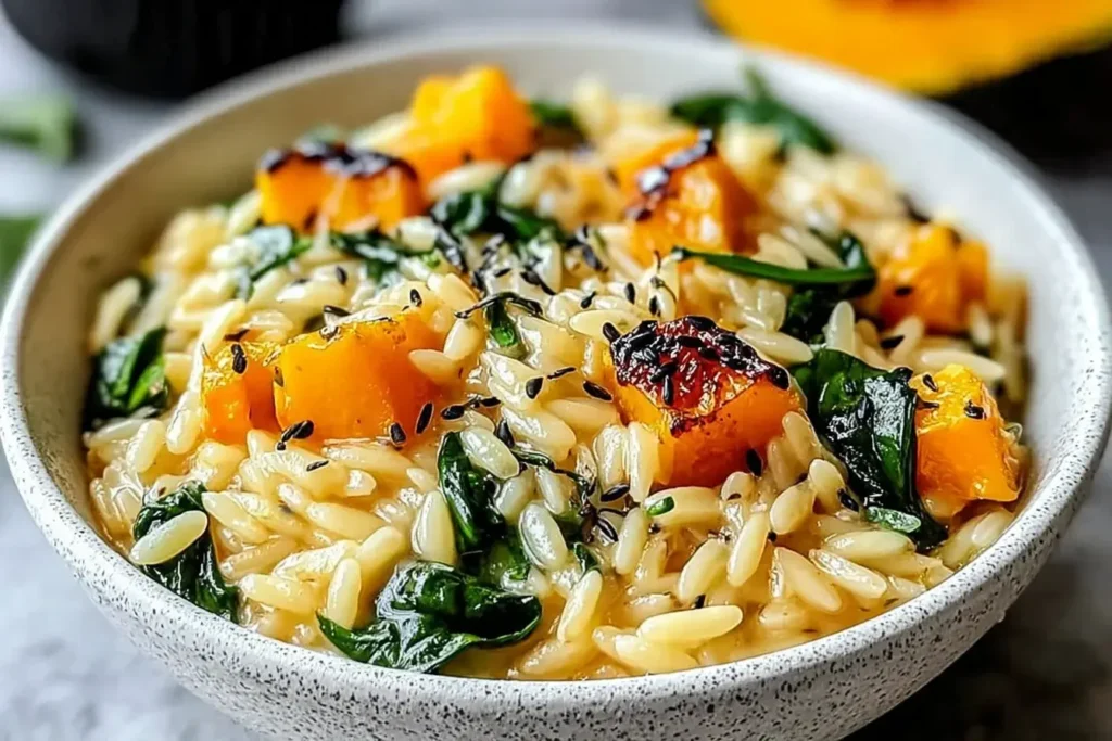 Creamy Orzo with Roasted Butternut Squash and Spinach in a white bowl, garnished with herbs.
