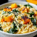 Creamy Orzo with Roasted Butternut Squash and Spinach in a white bowl, garnished with herbs.