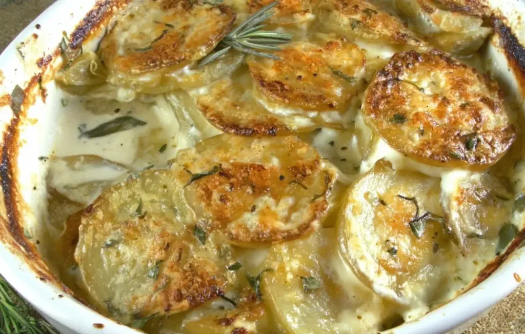 Golden baked Boursin Cheese Scalloped Potatoes with creamy garlic herb sauce in a casserole dish.