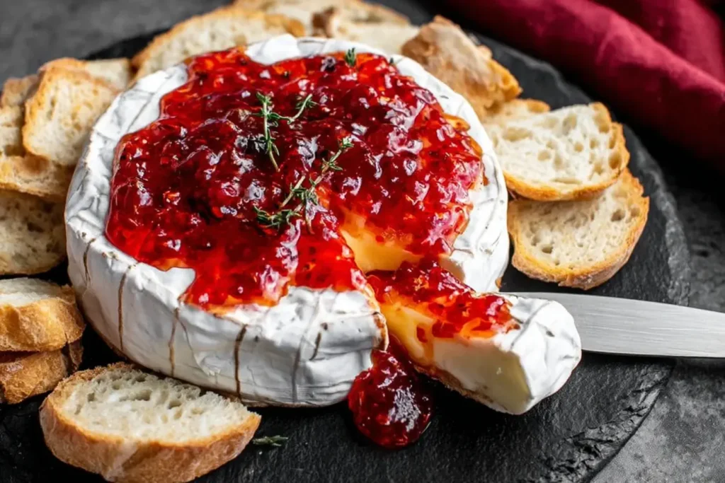 Halloween Bloody Baked Brie topped with red pepper jam and served with toasted baguette slices.