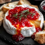 Halloween Bloody Baked Brie topped with red pepper jam and served with toasted baguette slices.