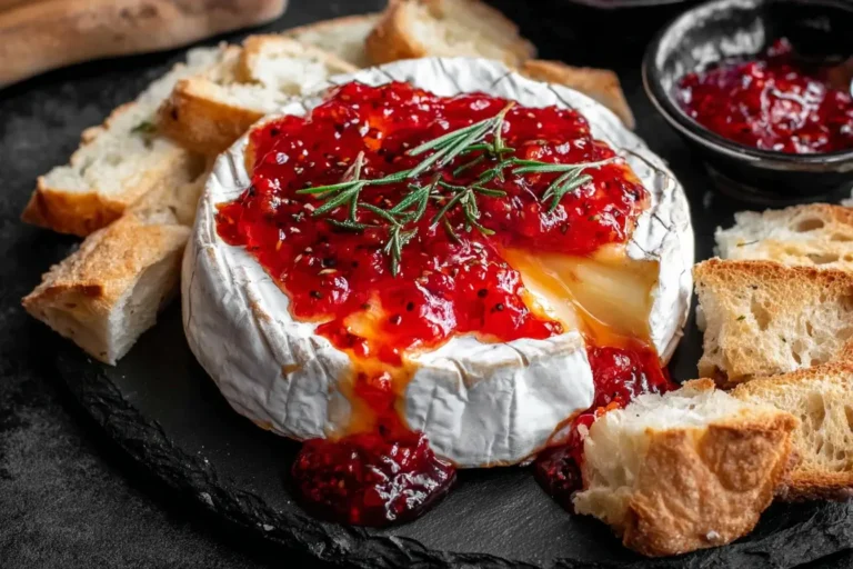Halloween Bloody Baked Brie topped with red pepper jam and served with toasted baguette slices.