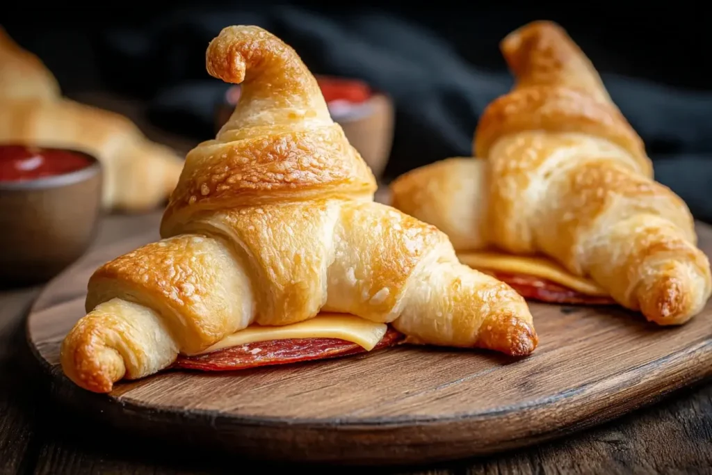 Crispy golden Witch Hat Crescent Rolls filled with melted cheese and pepperoni, served on a wooden board for Halloween snacks.