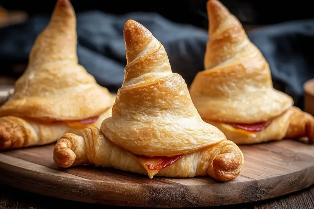 Freshly baked Witch Hat Crescent Rolls filled with cheese and pepperoni, perfect for Halloween parties.