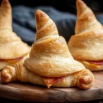 Freshly baked Witch Hat Crescent Rolls filled with cheese and pepperoni, perfect for Halloween parties.