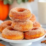 Stack of cinnamon sugar baked pumpkin donuts on a white plate with pumpkins and milk in the background.