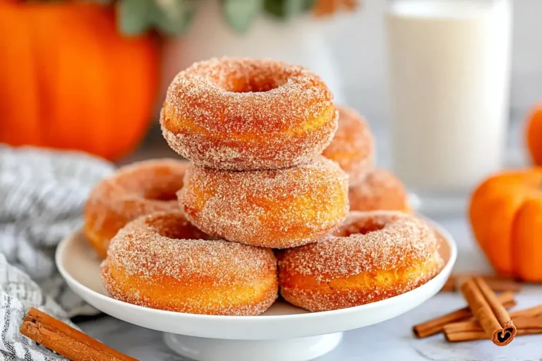 Stack of cinnamon sugar baked pumpkin donuts on a white plate with pumpkins and milk in the background.