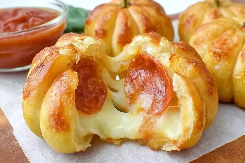 Cheesy Pepperoni Pizza Pumpkins pulled apart to reveal melted mozzarella and pepperoni inside.