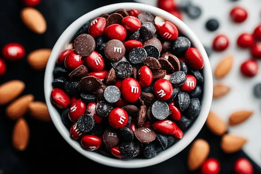 Vampire Bite Trail Mix with red candy-coated chocolates and dark chocolate chips in a white bowl.