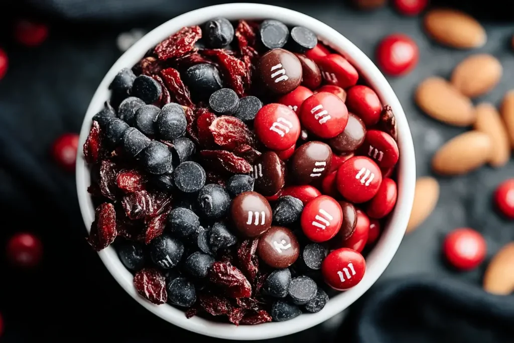 Close-up of Vampire Bite Trail Mix with dried cranberries, dark chocolate chips, and red candy-coated chocolates in a white bowl.
