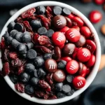 Close-up of Vampire Bite Trail Mix with dried cranberries, dark chocolate chips, and red candy-coated chocolates in a white bowl.