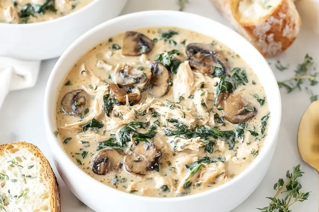 Creamy Rotisserie Chicken and Mushroom Soup with spinach and thyme served in a white bowl, paired with crusty bread.