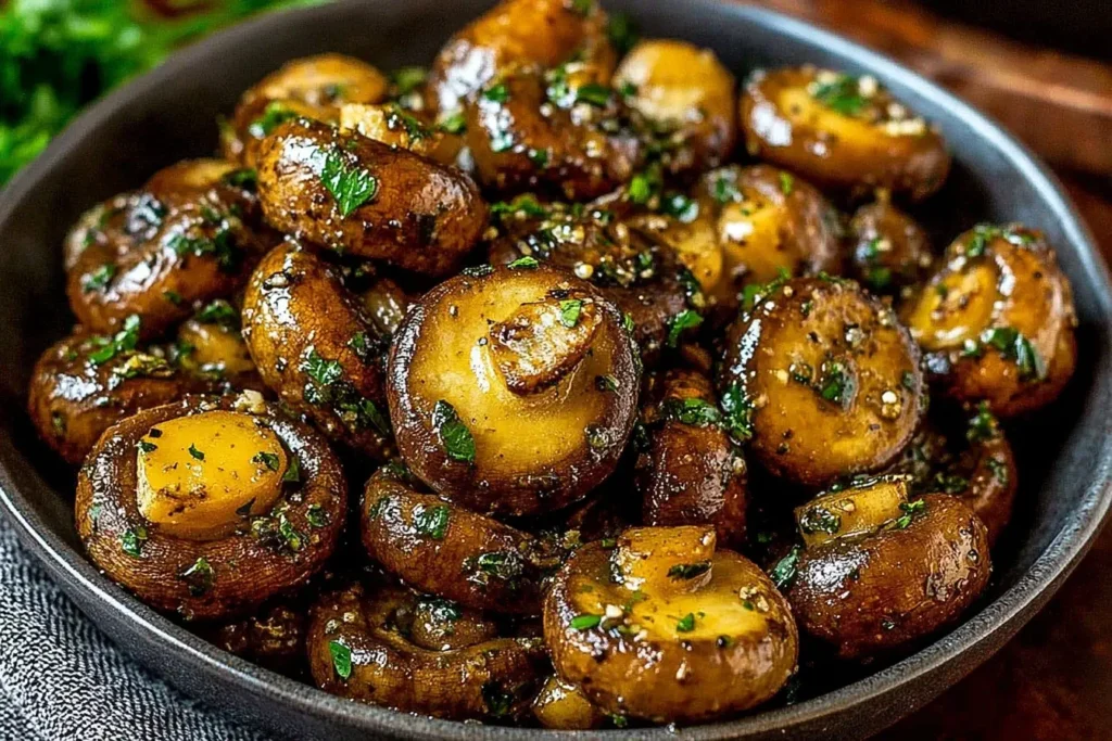 Cowboy Mushrooms sautéed in garlic butter and herbs, served in a rustic black bowl