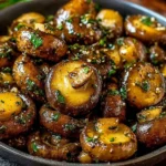 Cowboy Mushrooms sautéed in garlic butter and herbs, served in a rustic black bowl