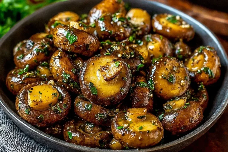 Cowboy Mushrooms sautéed in garlic butter and herbs, served in a rustic black bowl