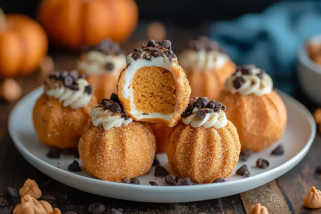 Pumpkin Cheesecake Truffles decorated with frosting and chocolate chips, shaped like mini pumpkins on a white plate.