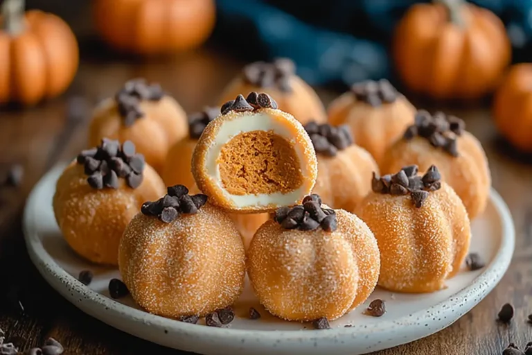 Pumpkin Cheesecake Truffles coated in sugar and topped with chocolate chips, shaped like mini pumpkins on a plate.