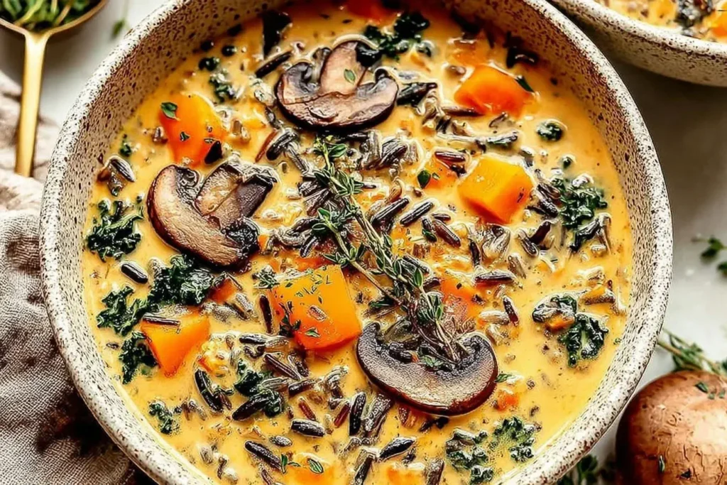 Bowl of creamy Autumn Wild Rice Soup with mushrooms, kale, carrots, and herbs, served warm as a cozy fall comfort food.