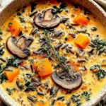 Bowl of creamy Autumn Wild Rice Soup with mushrooms, kale, carrots, and herbs, served warm as a cozy fall comfort food.