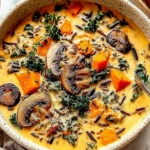 Autumn Wild Rice Soup with mushrooms, carrots, kale, and herbs in a creamy broth served in a rustic bowl.